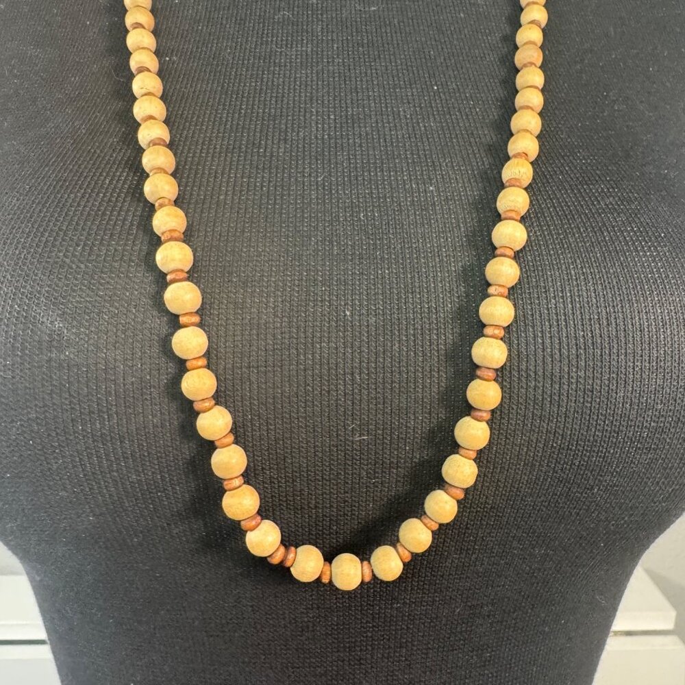 Wood Bead Necklace Adjustable Lobster Clasp 30 Inches Handmade Brown Gold Tone C